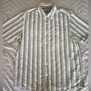 Tommy Bahama Button Up Striped Camp Shirt - Medium - Green & White
